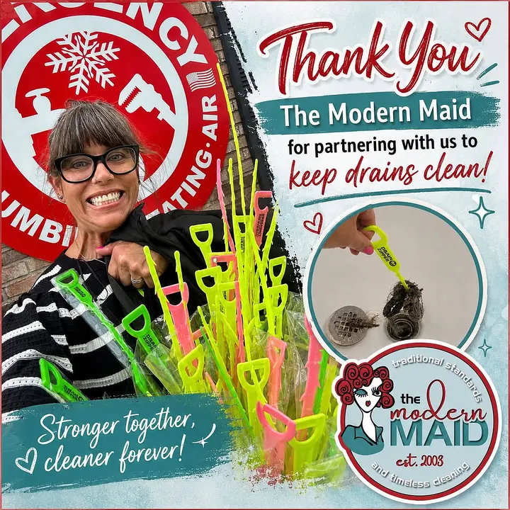 Emergency Plumbing Heating & Air's thank-you graphic: Thank You The Modern Maid for partnering with us to keep drains clean. Stronger together, cleaner forever!