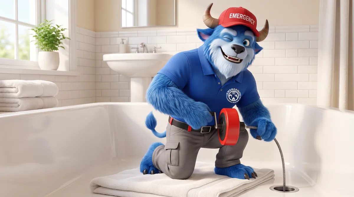Hydro, Emergency Plumbing Heating & Air's mascot, winking as he clears a bathtub drain with a hand drain auger
