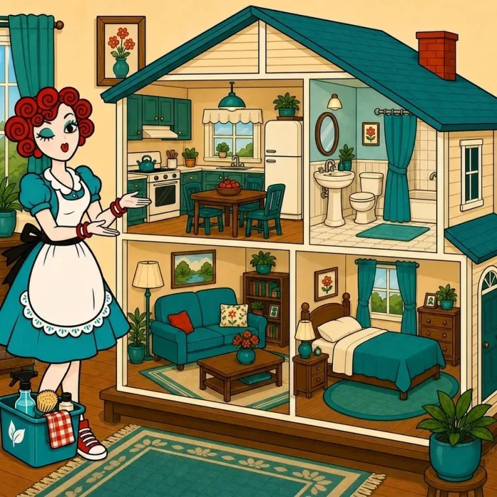 Illustrated dollhouse showing kitchen, bathroom, living room, and bedroom