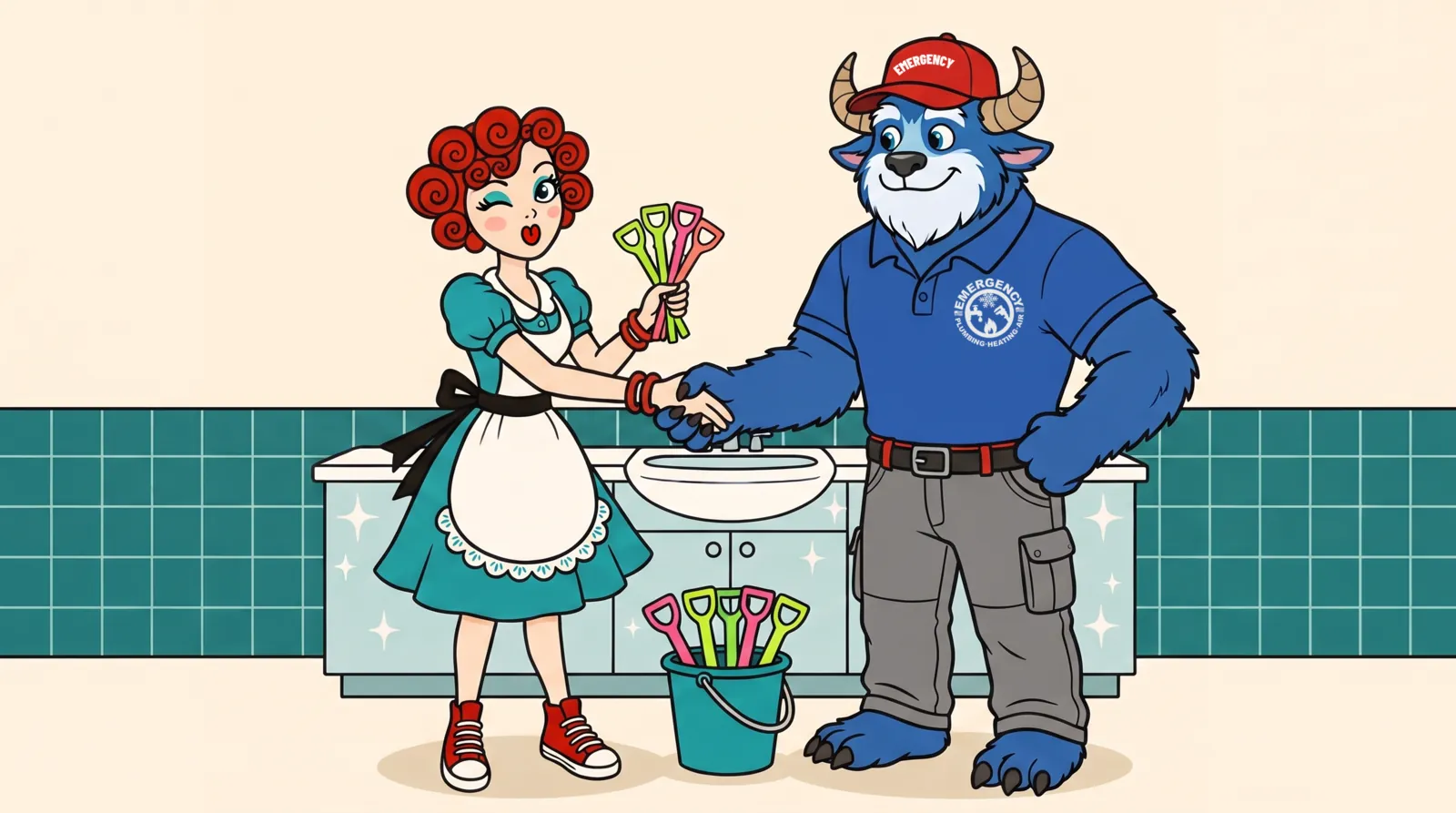 Maggie, The Modern Maid, shaking hands with Hydro from Emergency Plumbing Heating & Air, holding a bundle of bright Drain Zippers